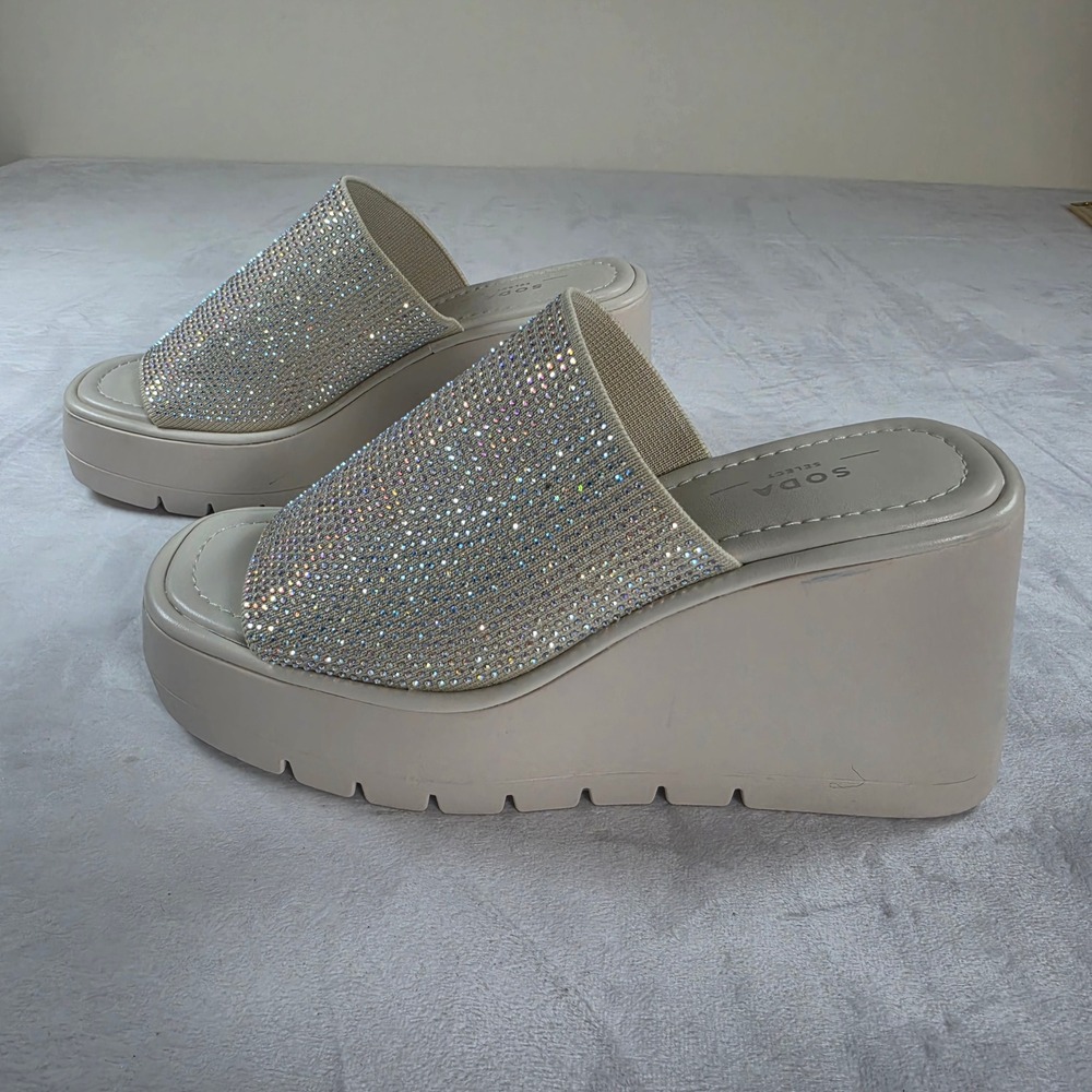 Soda Select Womens Rhinestone Embellished Platform Wedge Slide Sandals Beige 7.5 - Picture 2 of 9